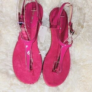 'Izzelly' Pink Patent Ankle Strap Low Heeled Thong Sandals by Nine West